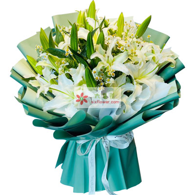 酒泉8支白色多头百合洋甘菊，如潮的思念