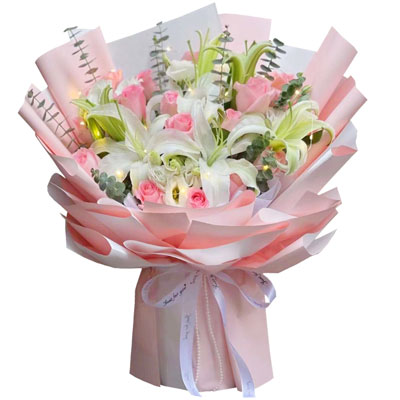 酒泉16朵粉玫瑰百合，感情稳定坚固